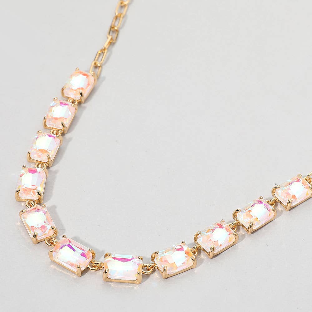 Cushion Rectangular Stone Cluster Link Evening Necklace: AB,Multi