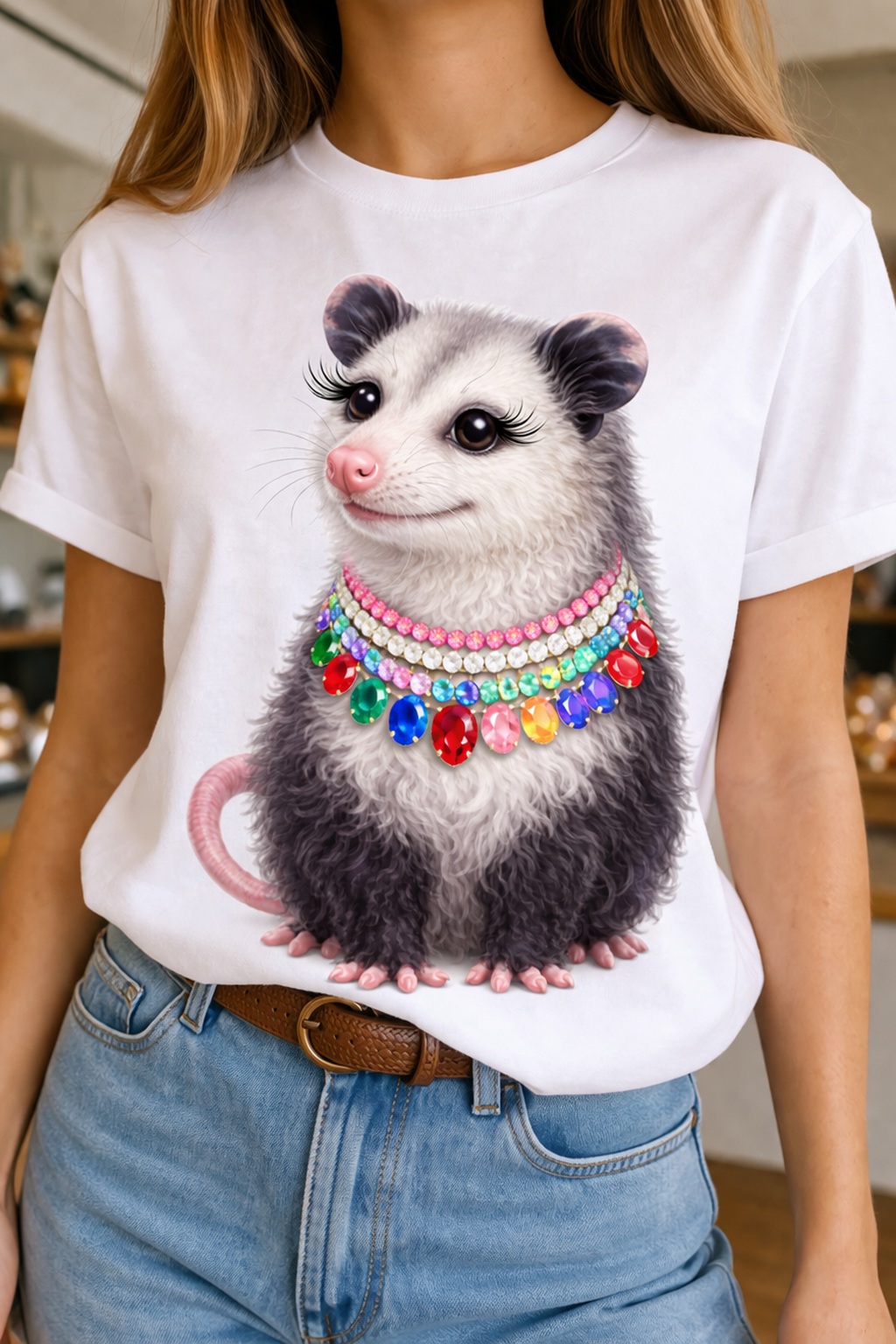 Jeweled Collar Possum on White or Natural Crew: Yes All Blinged Out / White / 2XL