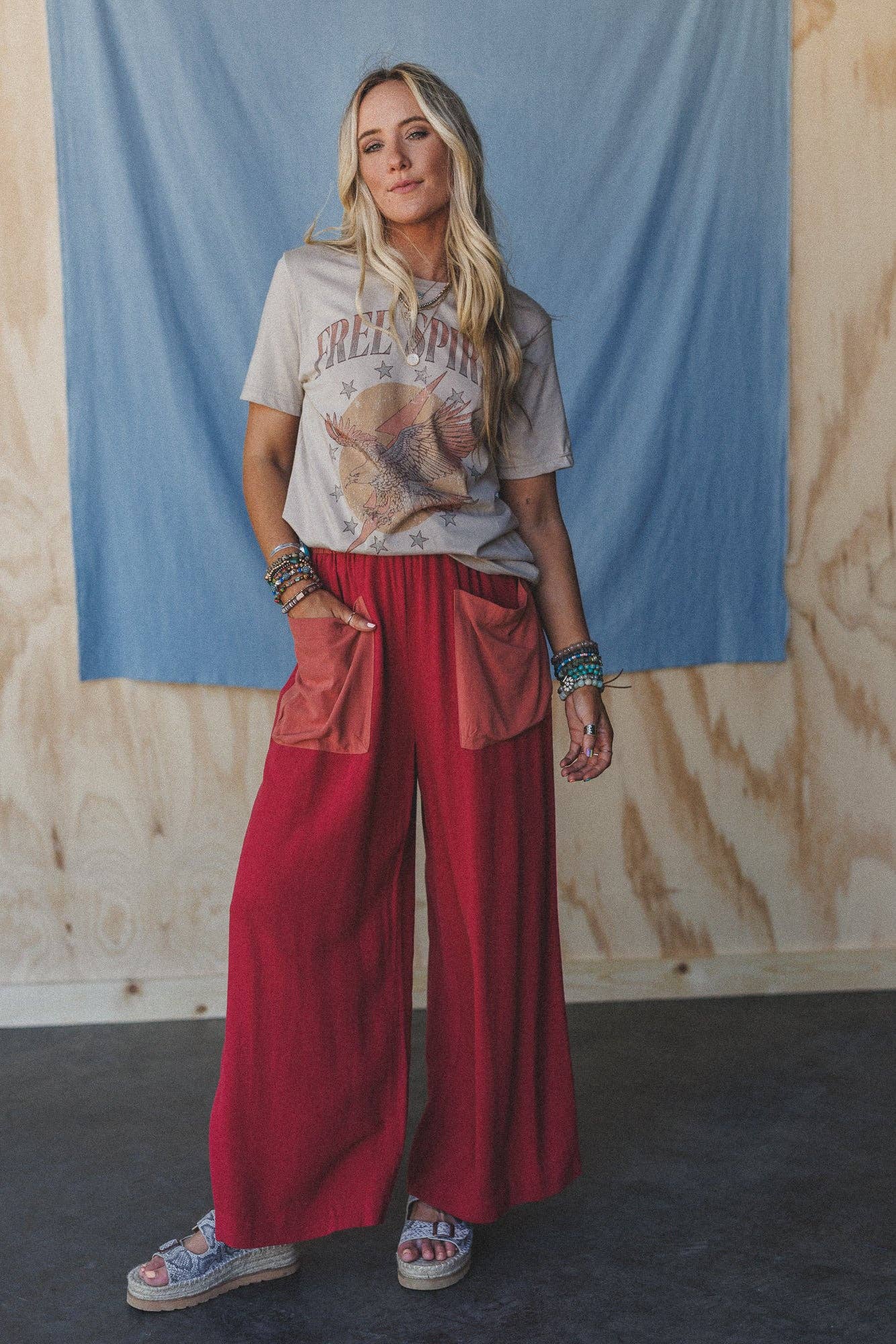No Rush Wide Leg Pants - Terracotta Multi: Red / XL