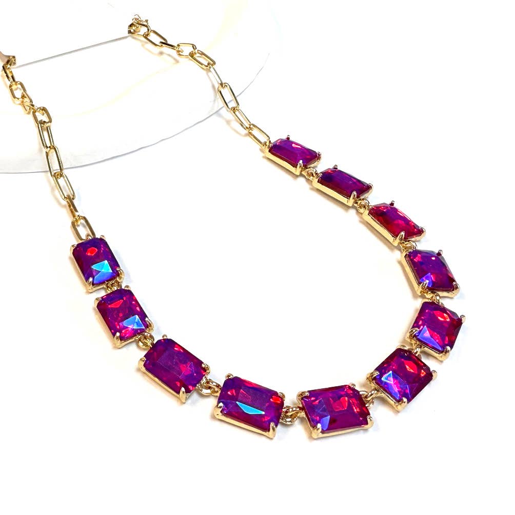 Rectangle Crystal Glass Linked Statement Chain Necklace : Neon Multi