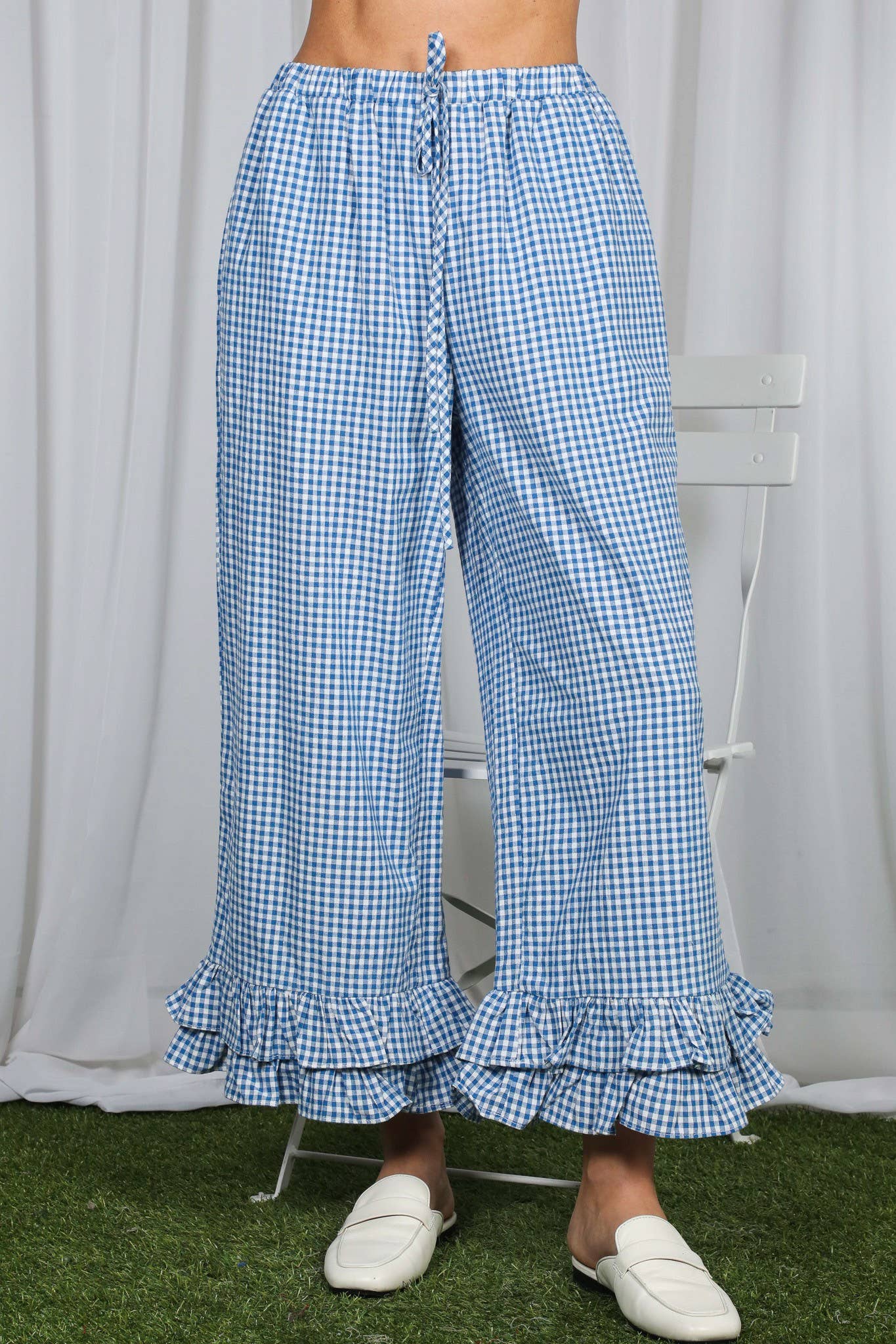 Gingham Casual Ruffled Hem 100%Cotton Cropped Pants VP83379A: Red / M
