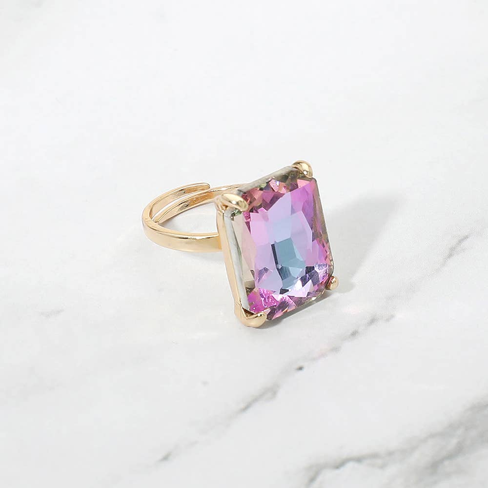 Bold Emerald Cut Stone Cluster Accent Adjustable Ring: AB,Blue