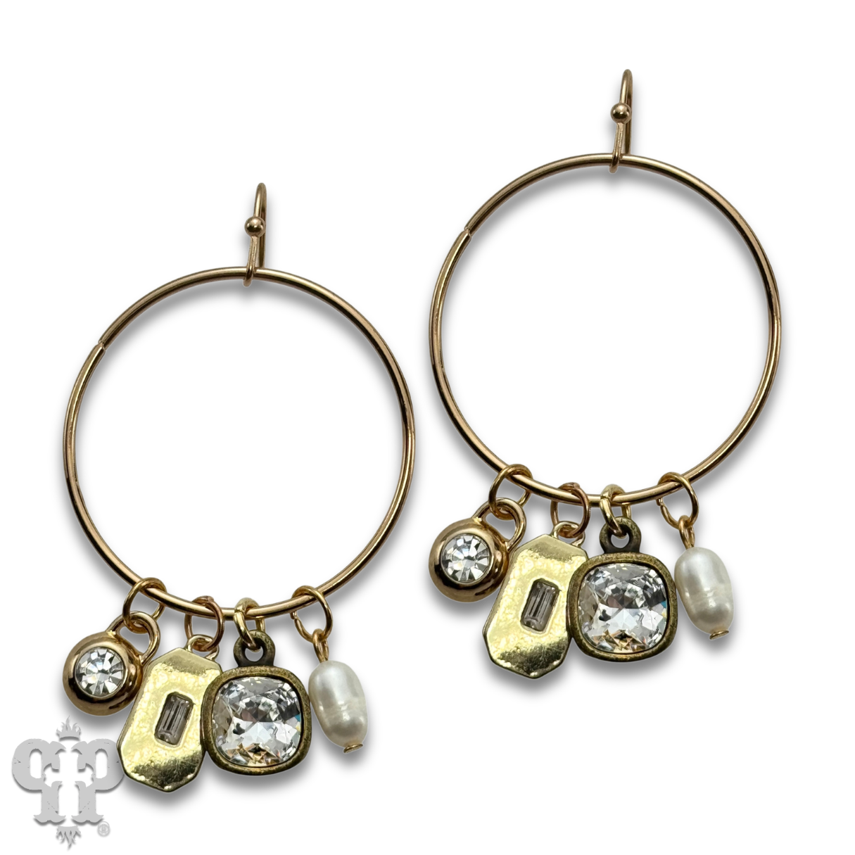 Circle charm earring, Austrian crystal: Gold