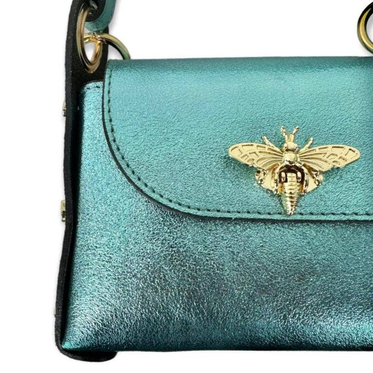 Women's Metallic Leather Compact Bag with Studs and Bee: Turquoise