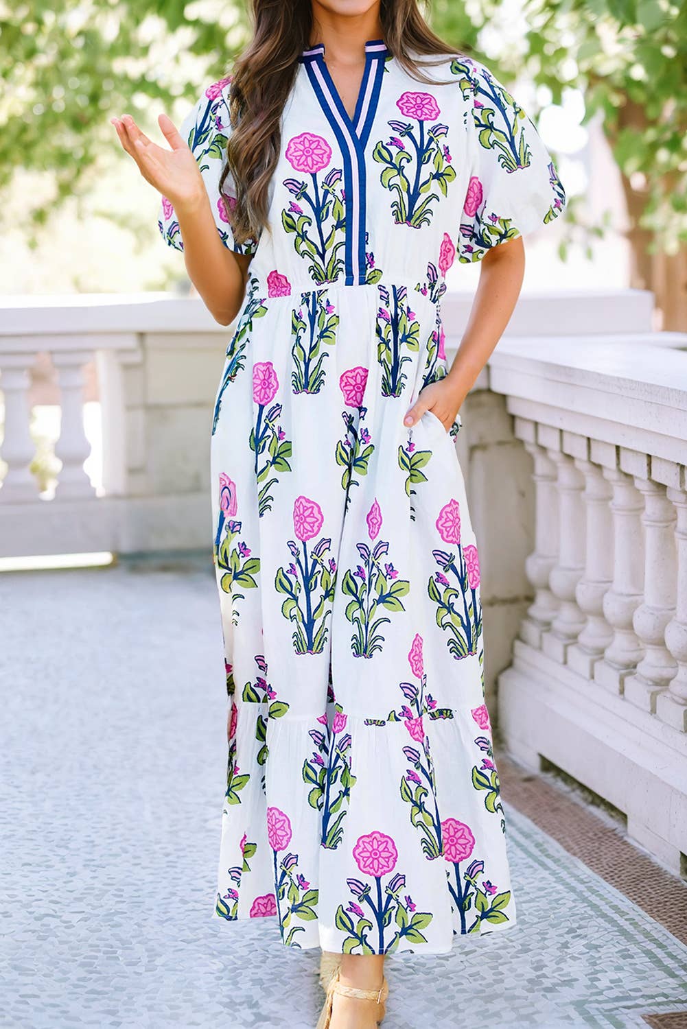 LDC Floral Puff Short Sleeve V Neck High Waist Maxi Dress: White / L