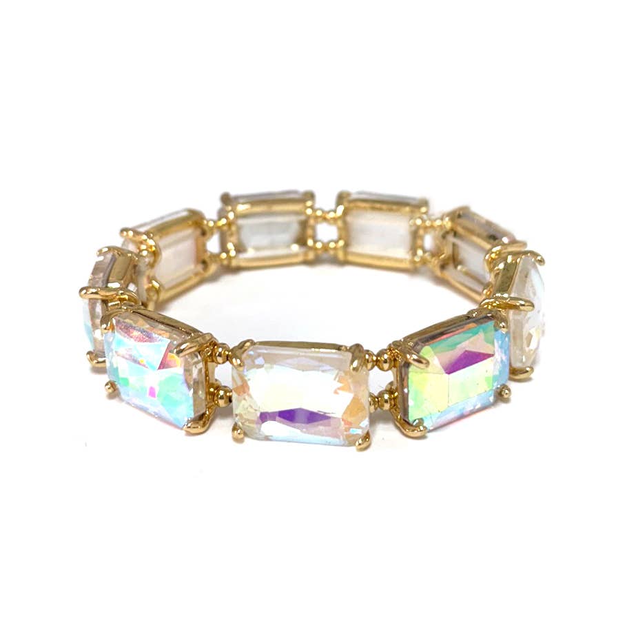 Rectangular Glass Crystal Linked Stretch Bracelet: NEON-GREEN