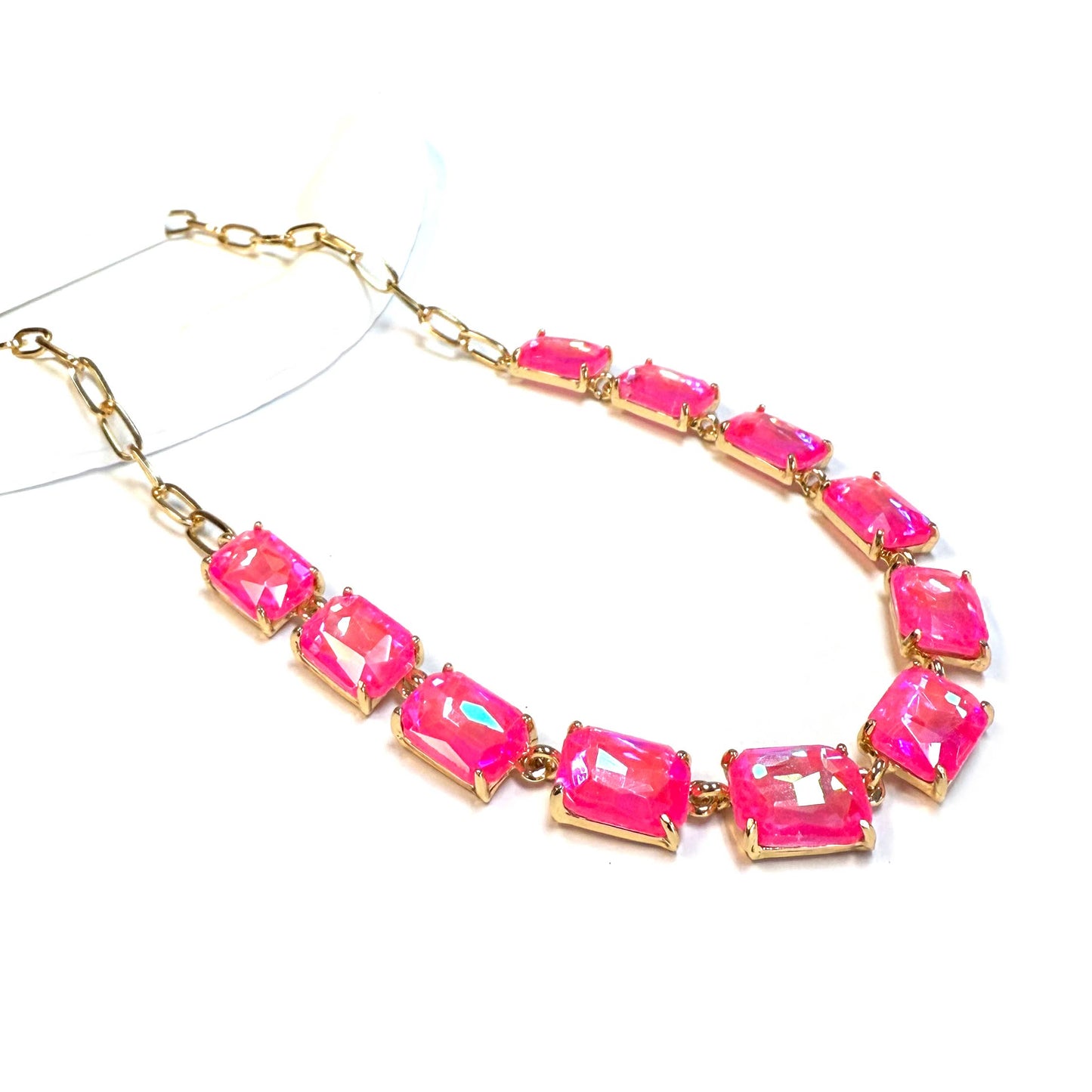 Rectangle Crystal Glass Linked Statement Chain Necklace : Neon Multi