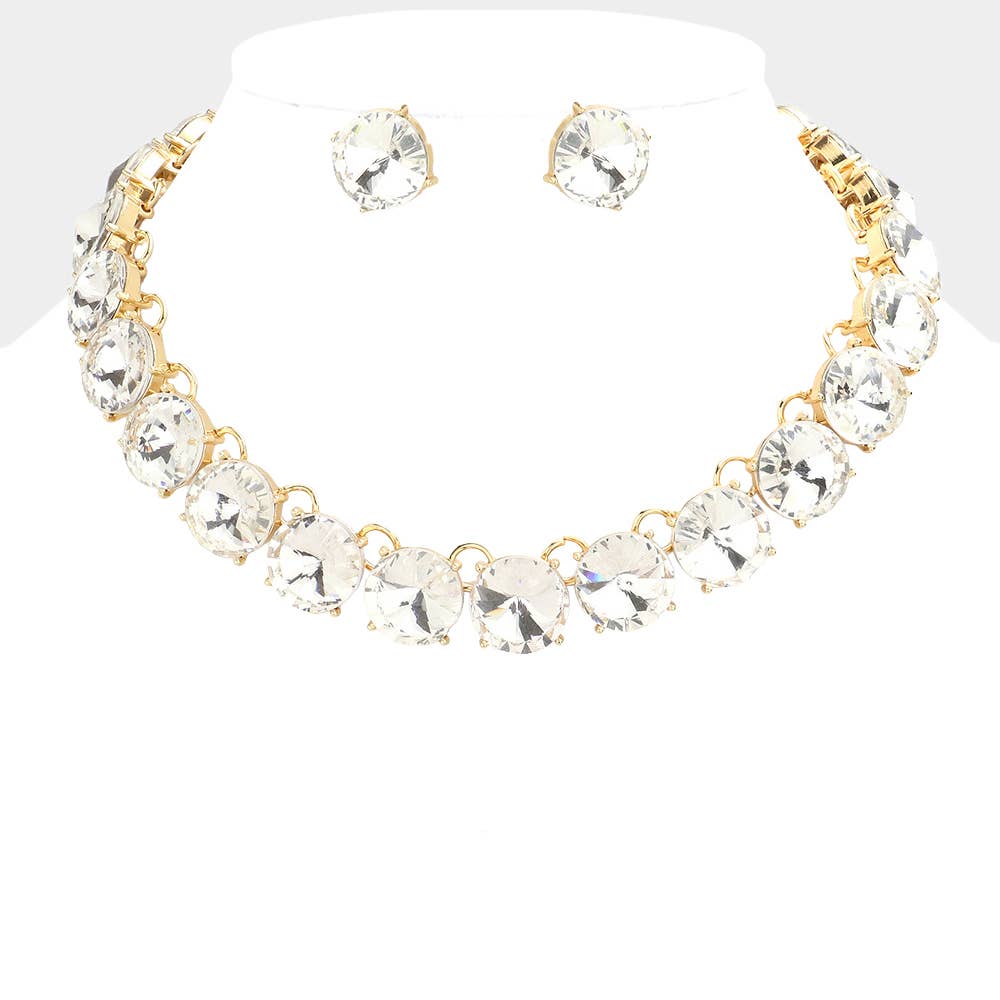 Round Stone Link Evening Necklace: AB,Silver