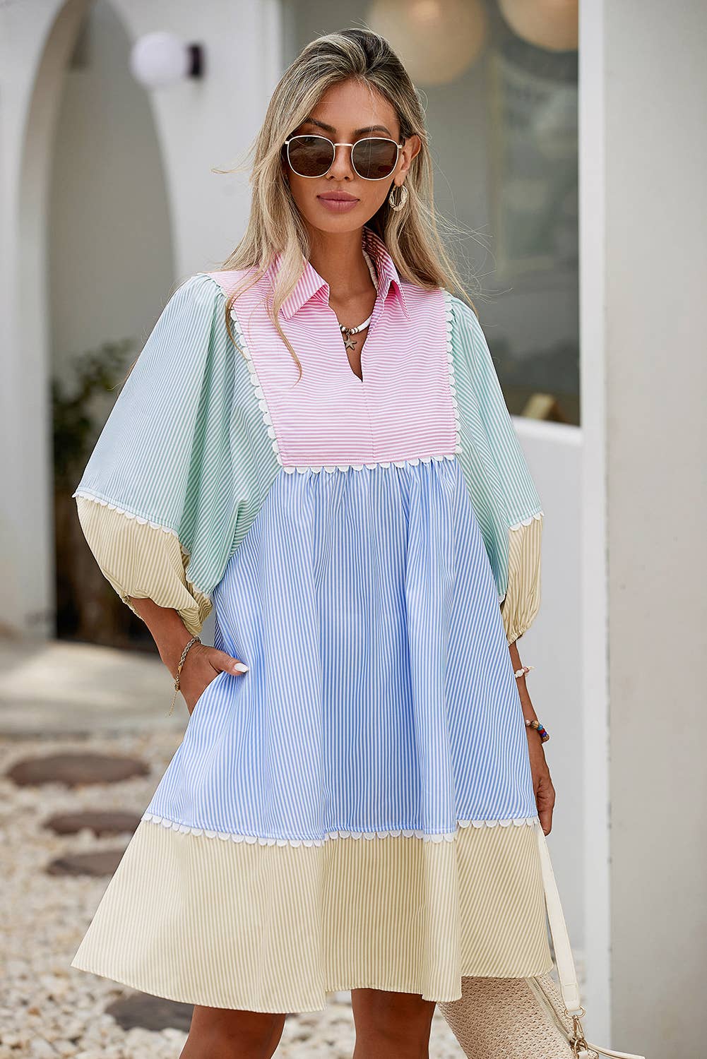 LDC Striped Patchwork Ric Rac Puff Sleeve Collared Dress: Multi-Colored / XL