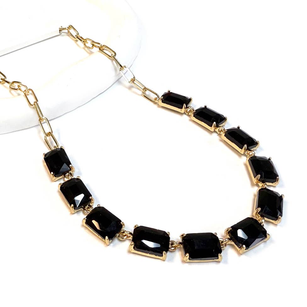 Rectangle Crystal Glass Linked Statement Chain Necklace : Neon Multi