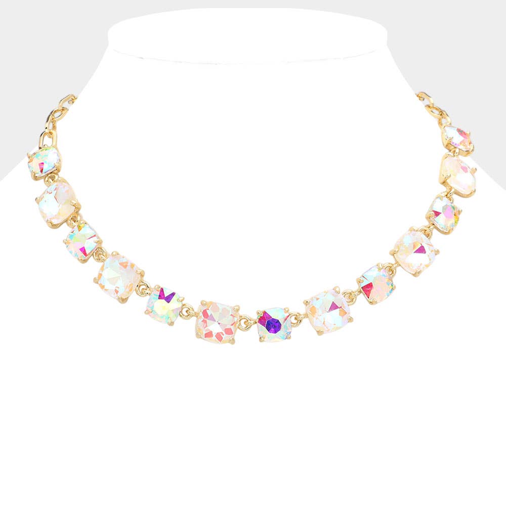Cushion Square Stone Link Evening Necklace: AB,Pink