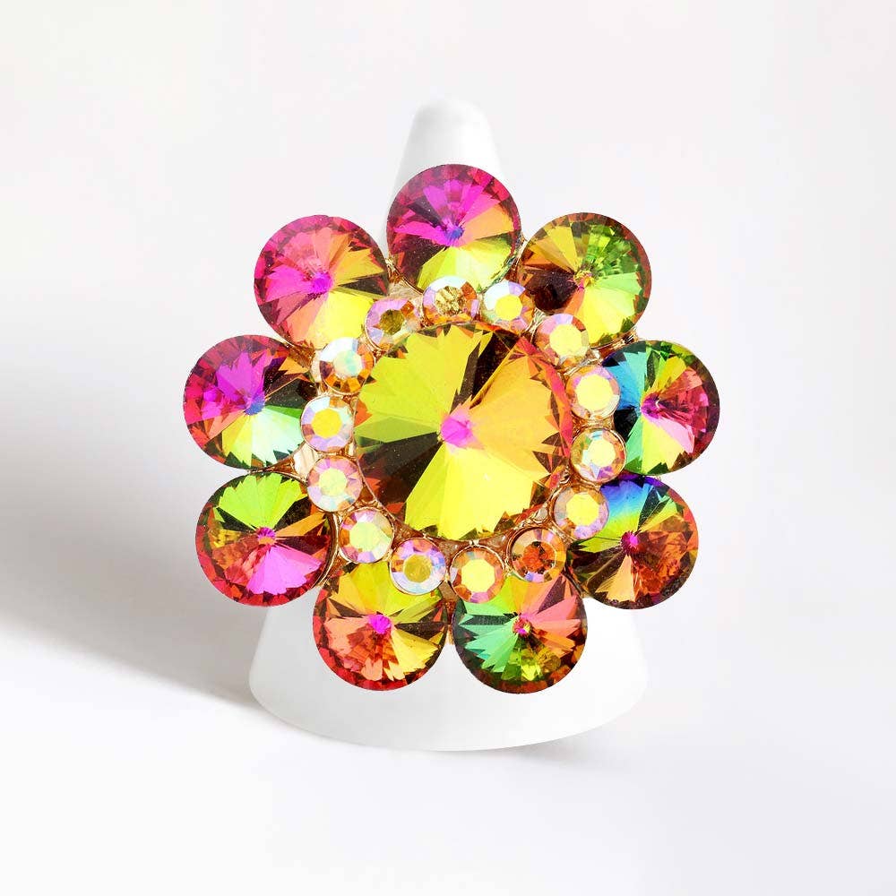 Round Crystal Flower Stretch Ring: AB,Silver