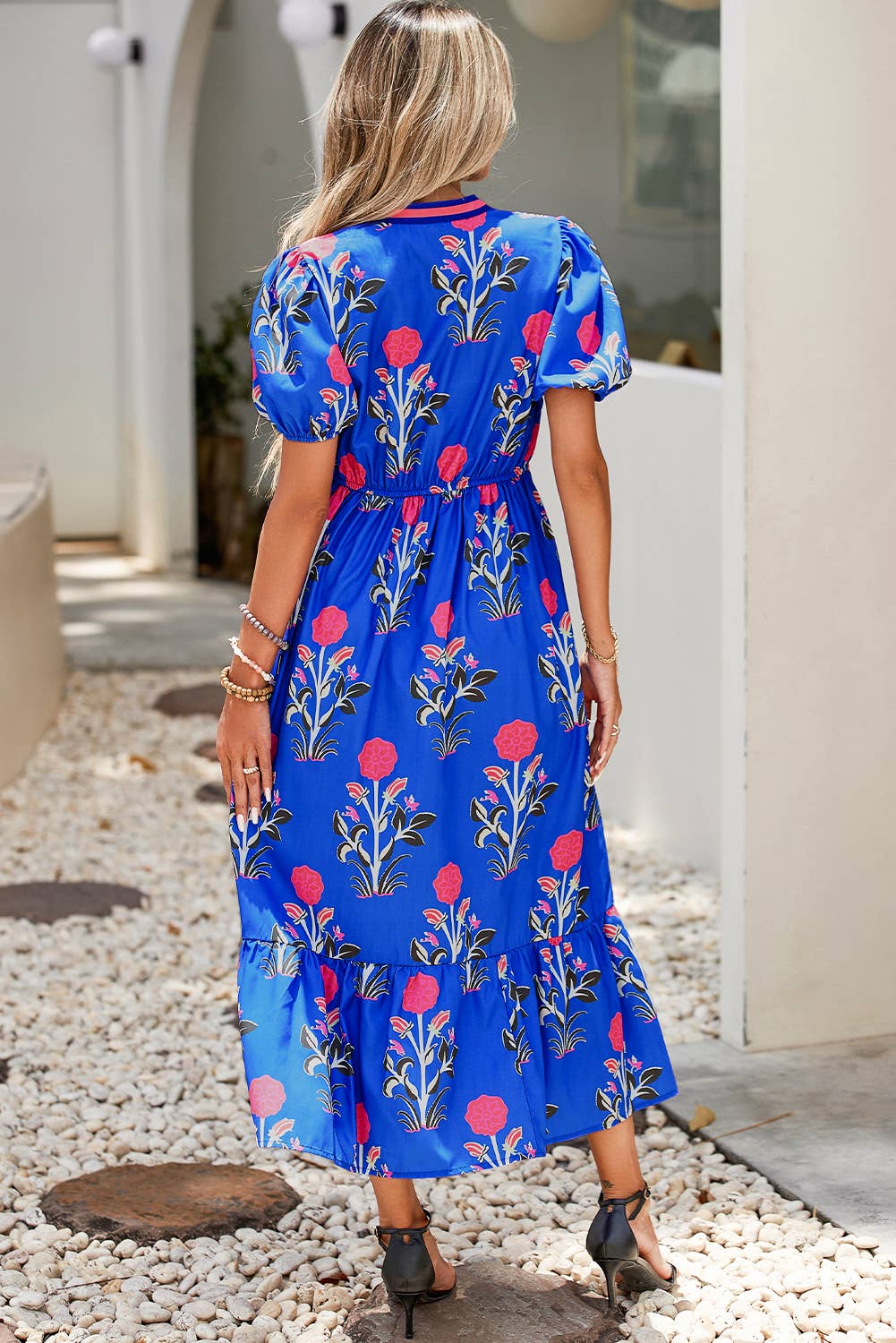 LDC Floral Puff Short Sleeve V Neck High Waist Maxi Dress: White / XL