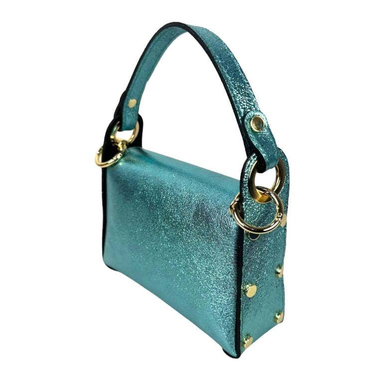 Women's Metallic Leather Compact Bag with Studs and Bee: Turquoise