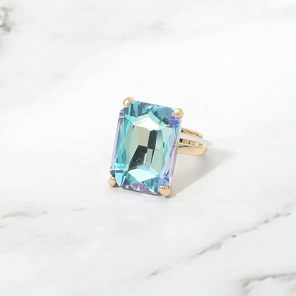 Bold Emerald Cut Stone Cluster Accent Adjustable Ring: AB,Blue
