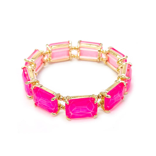 Rectangular Glass Crystal Linked Stretch Bracelet: NEON-FUCHSIA