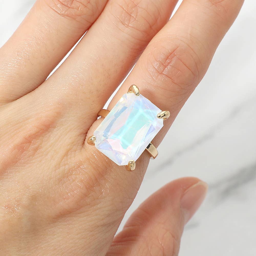 Bold Emerald Cut Stone Cluster Accent Adjustable Ring: AB,Blue