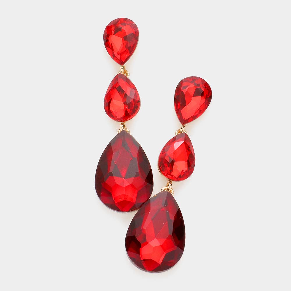 Triple Glass Crystal Teardrop Evening Earrings: Pink