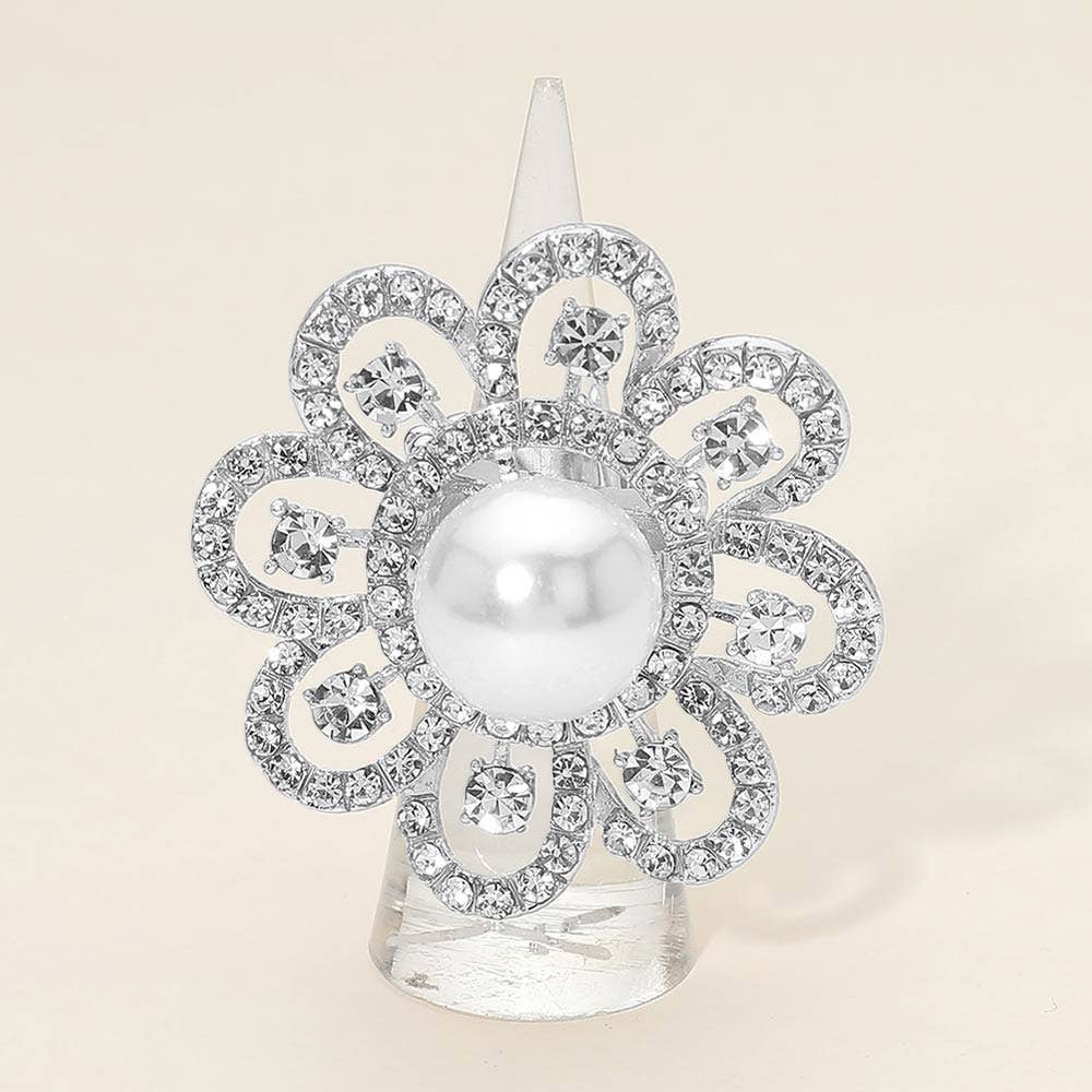 Floral Stone Accent Stretch Statement Ring: AB,Gold