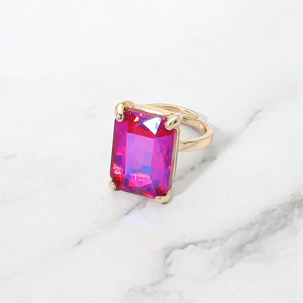 Bold Emerald Cut Stone Cluster Accent Adjustable Ring: AB,Blue