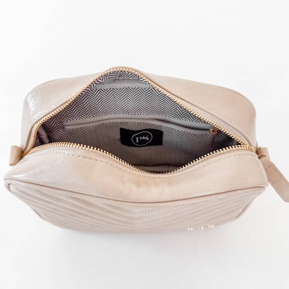 Coco Quilted Camera Crossbody Bag: Taupe