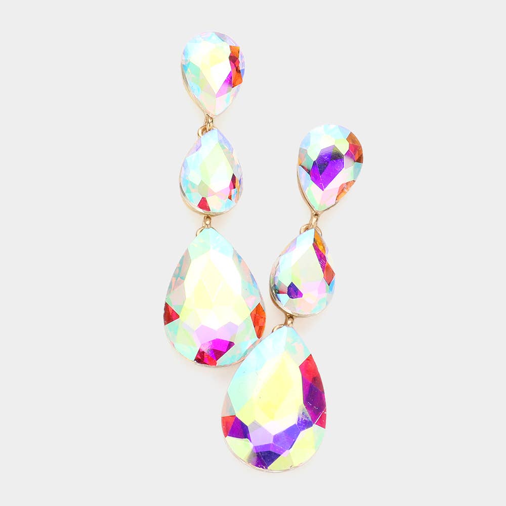 Triple Glass Crystal Teardrop Evening Earrings: AB Gold