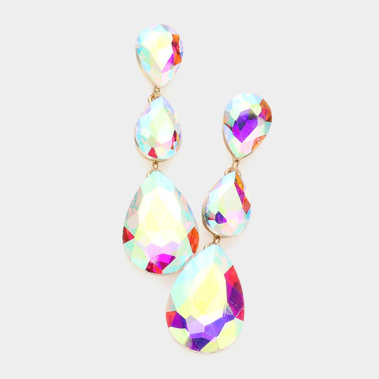 Triple Glass Crystal Teardrop Evening Earrings: AB Gold