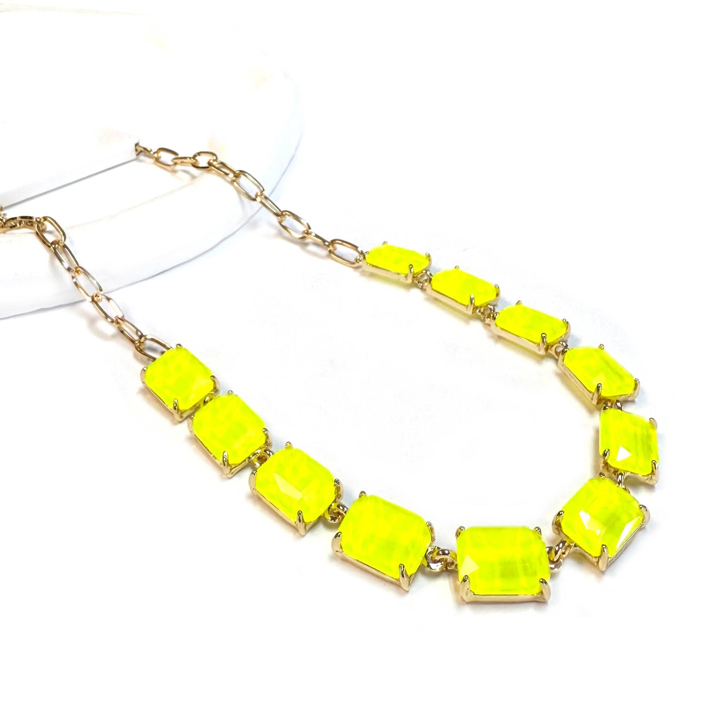 Rectangle Crystal Glass Linked Statement Chain Necklace : Neon Multi