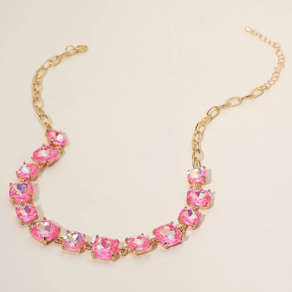 Cushion Square Stone Link Evening Necklace: AB,Pink