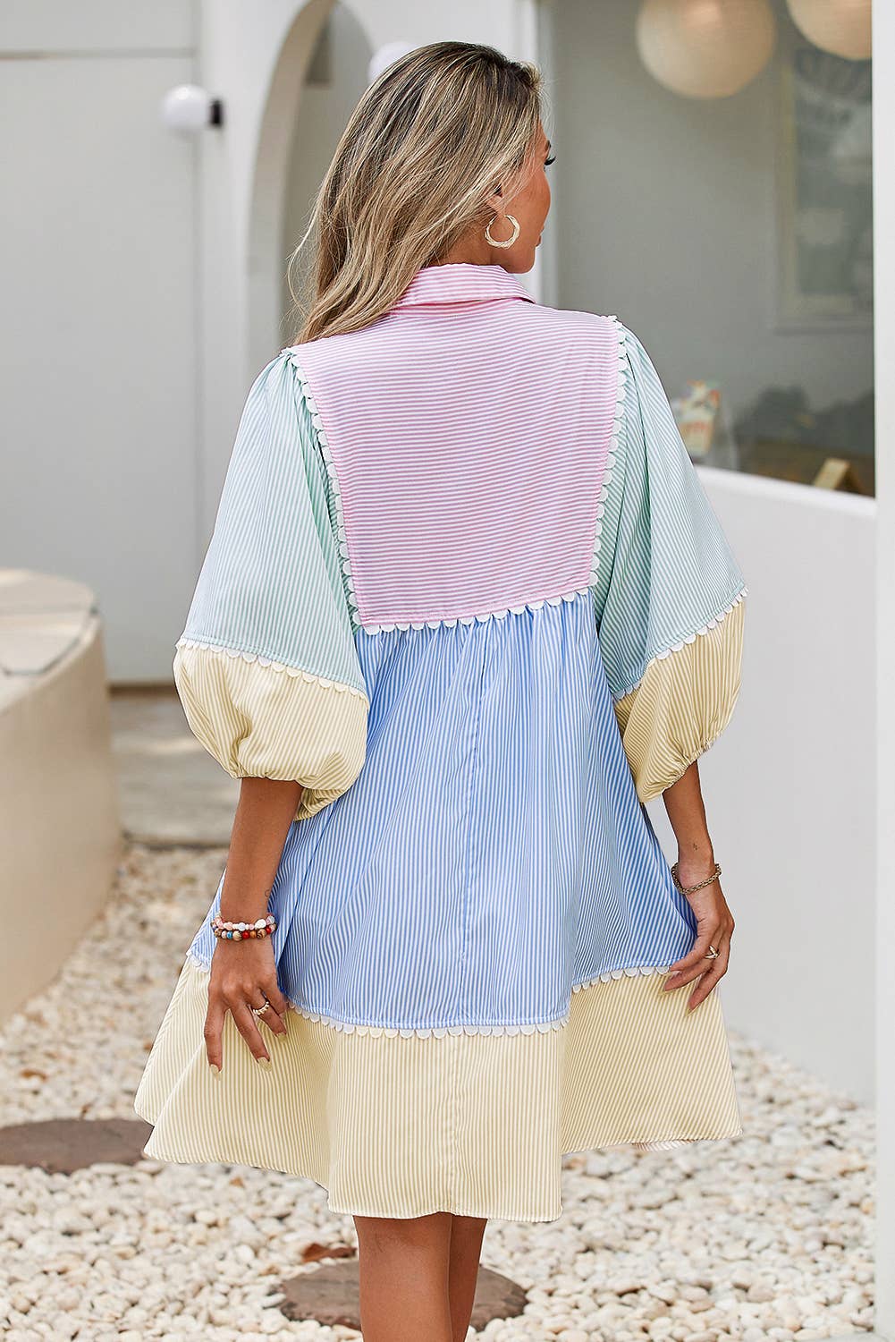 LDC Striped Patchwork Ric Rac Puff Sleeve Collared Dress: Multi-Colored / S