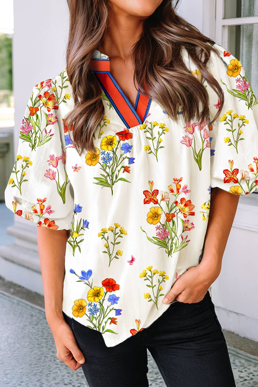 LDC Floral V Neck Boho Shift Short Sleeve Blouse: White / L
