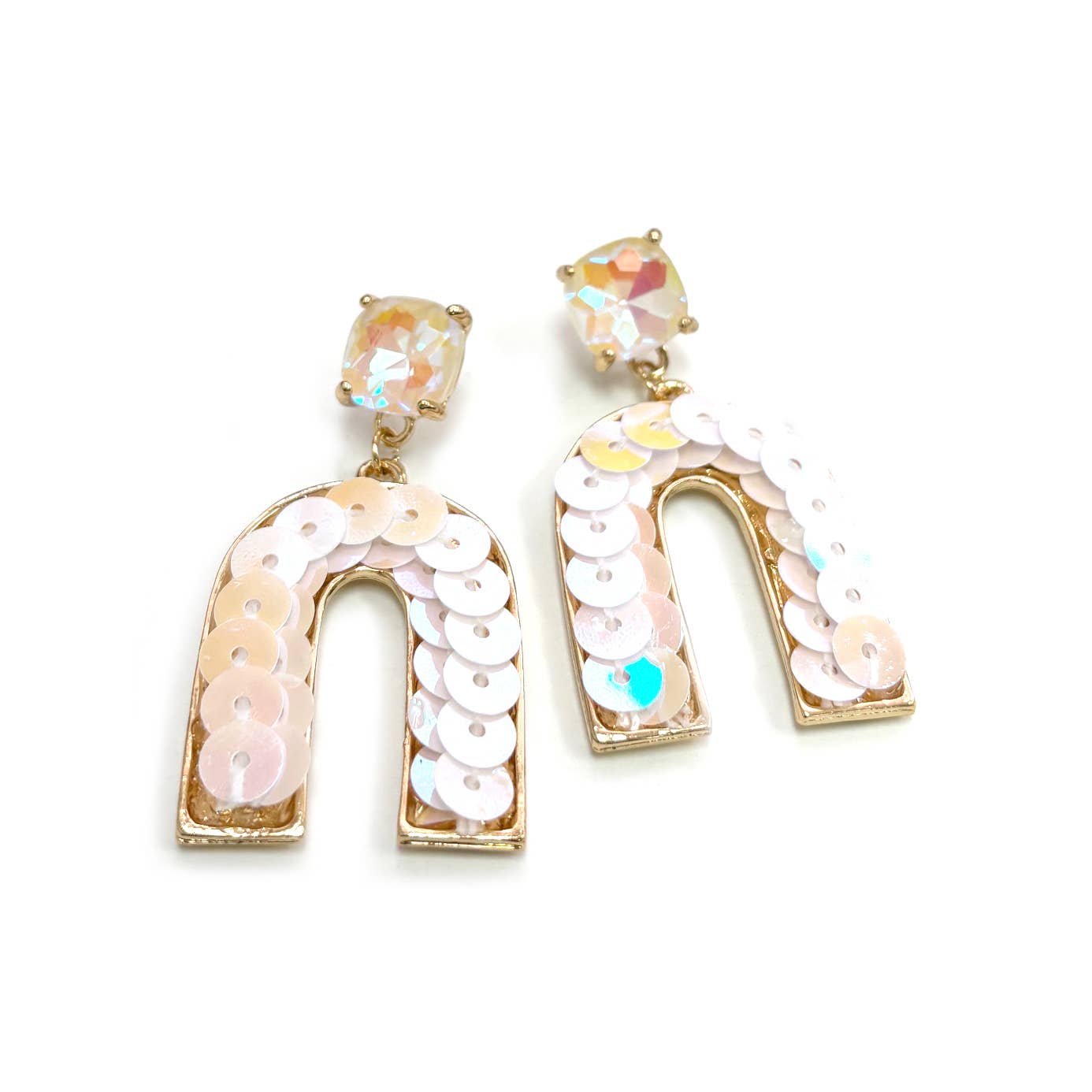 Cushion Cut Stone Post with Arch Sequin Dangle Earrings: Pink