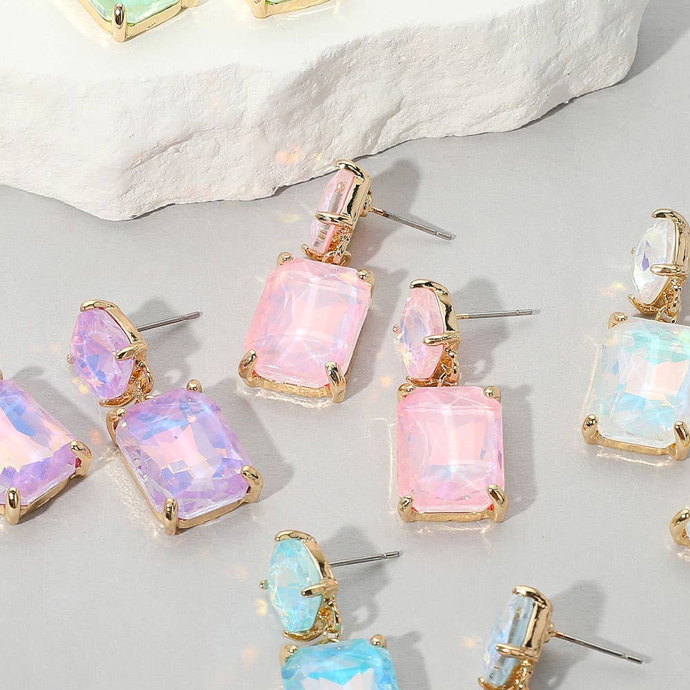Square Rectangle Glass Stone Link Dangle Evening Earrings: LP-AB