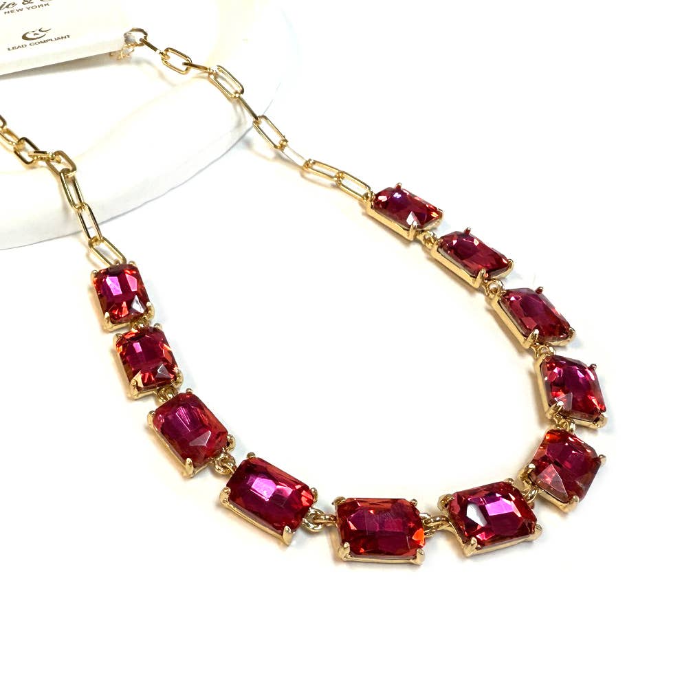 Rectangle Crystal Glass Linked Statement Chain Necklace : Neon Multi