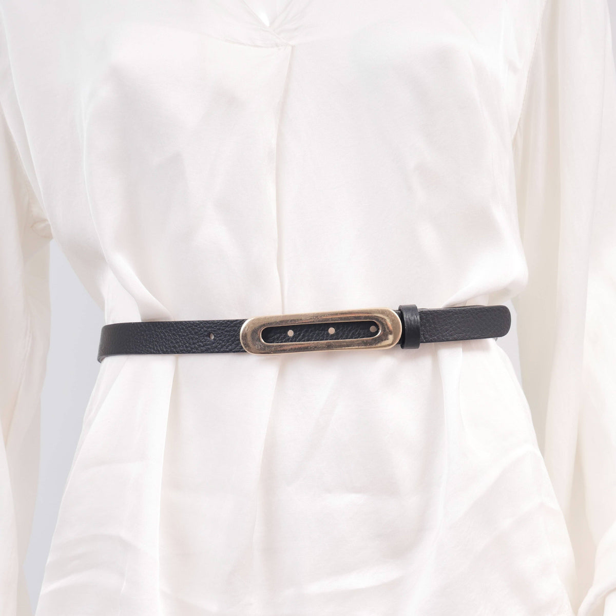 Slim leather belt with gold oval buckle – ref BK0101: Marron F