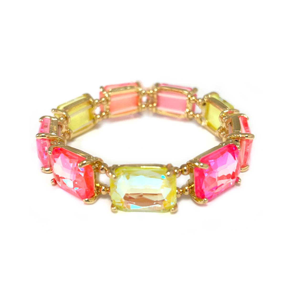 Rectangular Glass Crystal Linked Stretch Bracelet: NEON-FUCHSIA