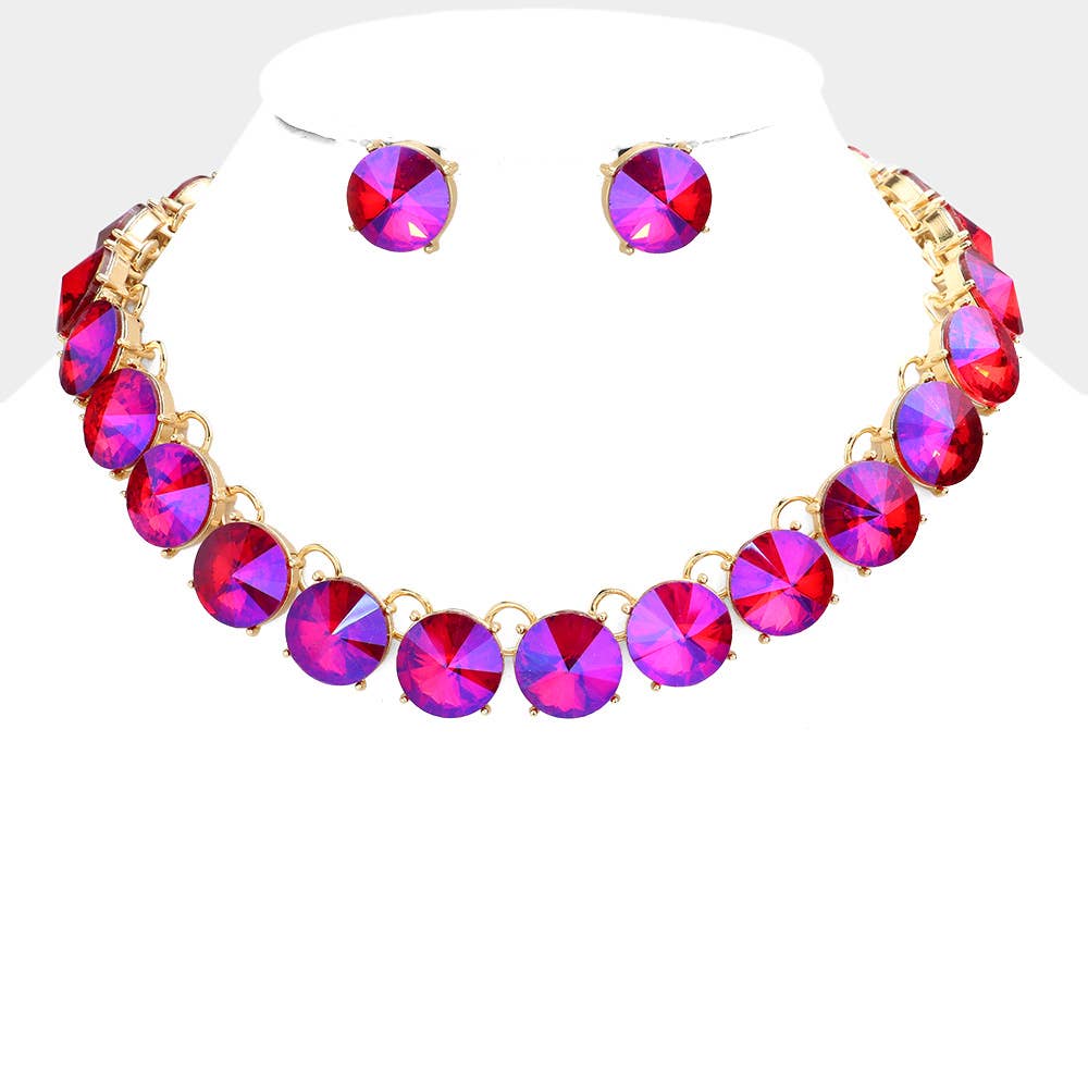Round Stone Link Evening Necklace: AB,Silver