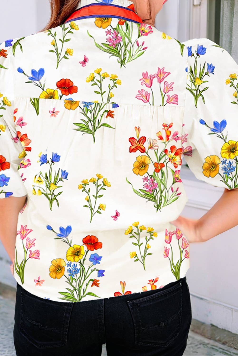 LDC Floral V Neck Boho Shift Short Sleeve Blouse: White / M
