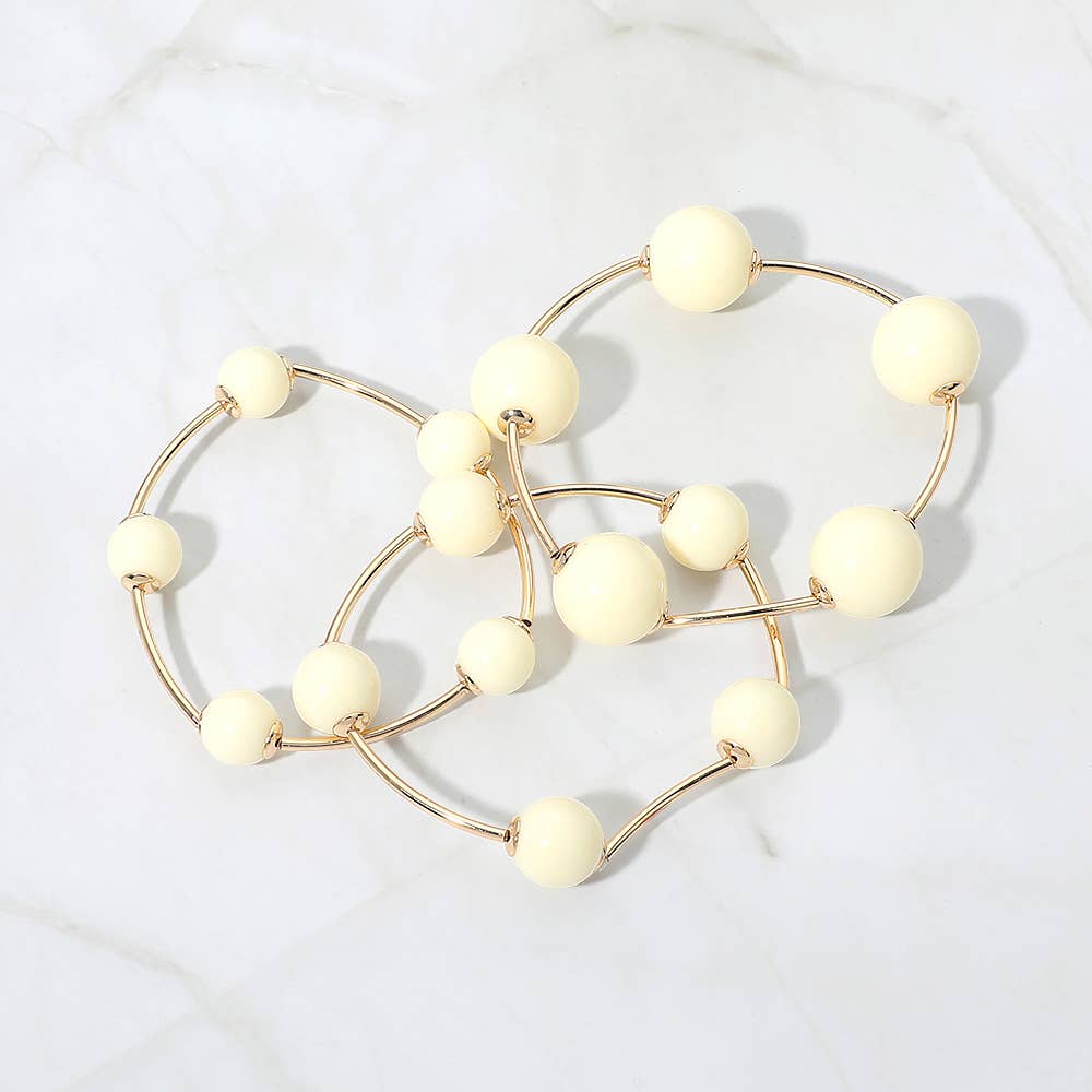 3PCS - Resin Ball Metal Bar Beaded Stretch Stackable Multi Layered Bracelets: Gold,Lavender