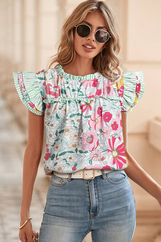 LDC Floral Print Contrast Ruffle Trim Short Sleeve Blouse: Pink / XL