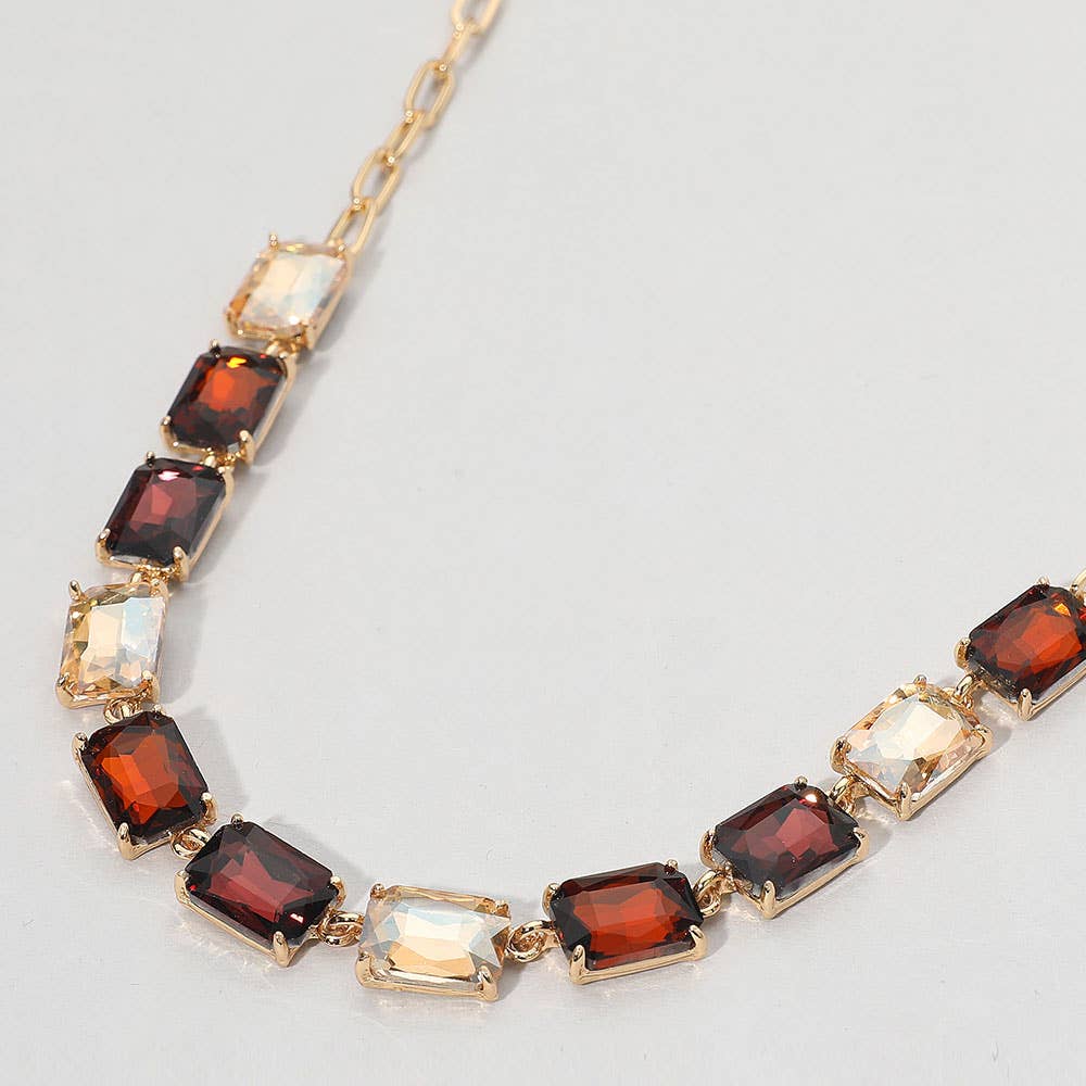 Cushion Rectangular Stone Cluster Link Evening Necklace: AB,Antique Silver