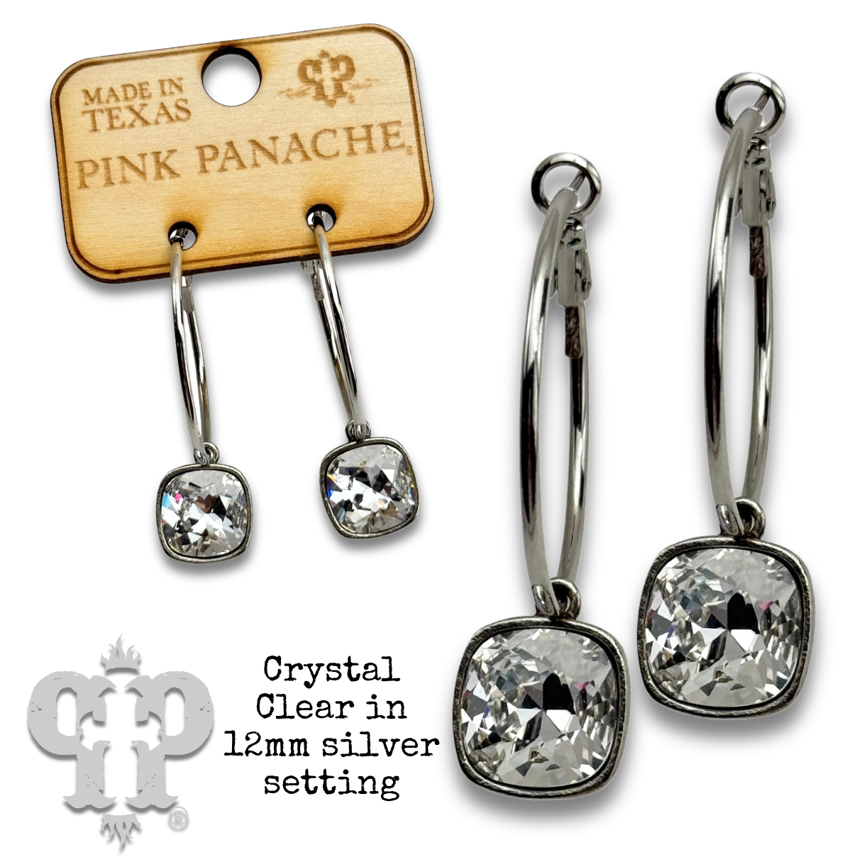 Square Austrian crystal hoop earring, 12mm: Cream / Bronze