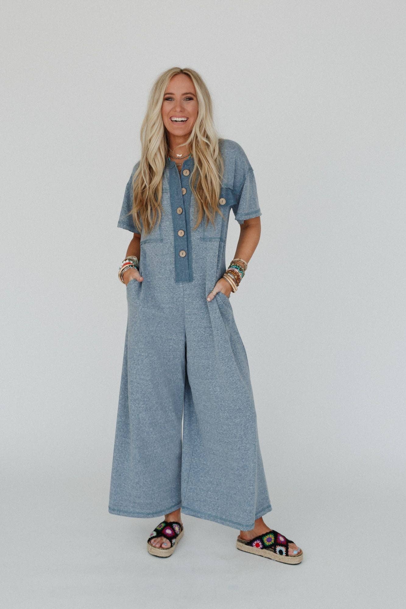 Jodi Short Sleeve Jumpsuit - Teal: L