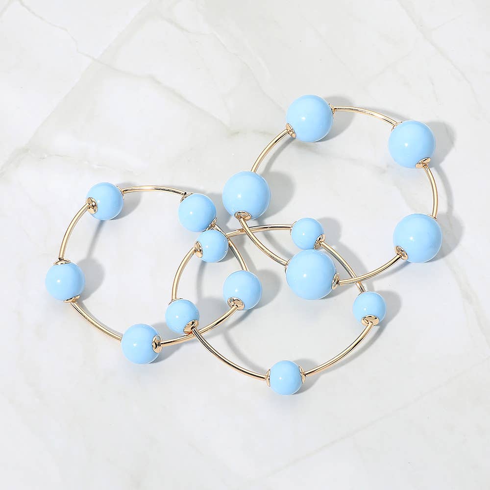 3PCS - Resin Ball Metal Bar Beaded Stretch Stackable Multi Layered Bracelets: Gold,Light,Pink