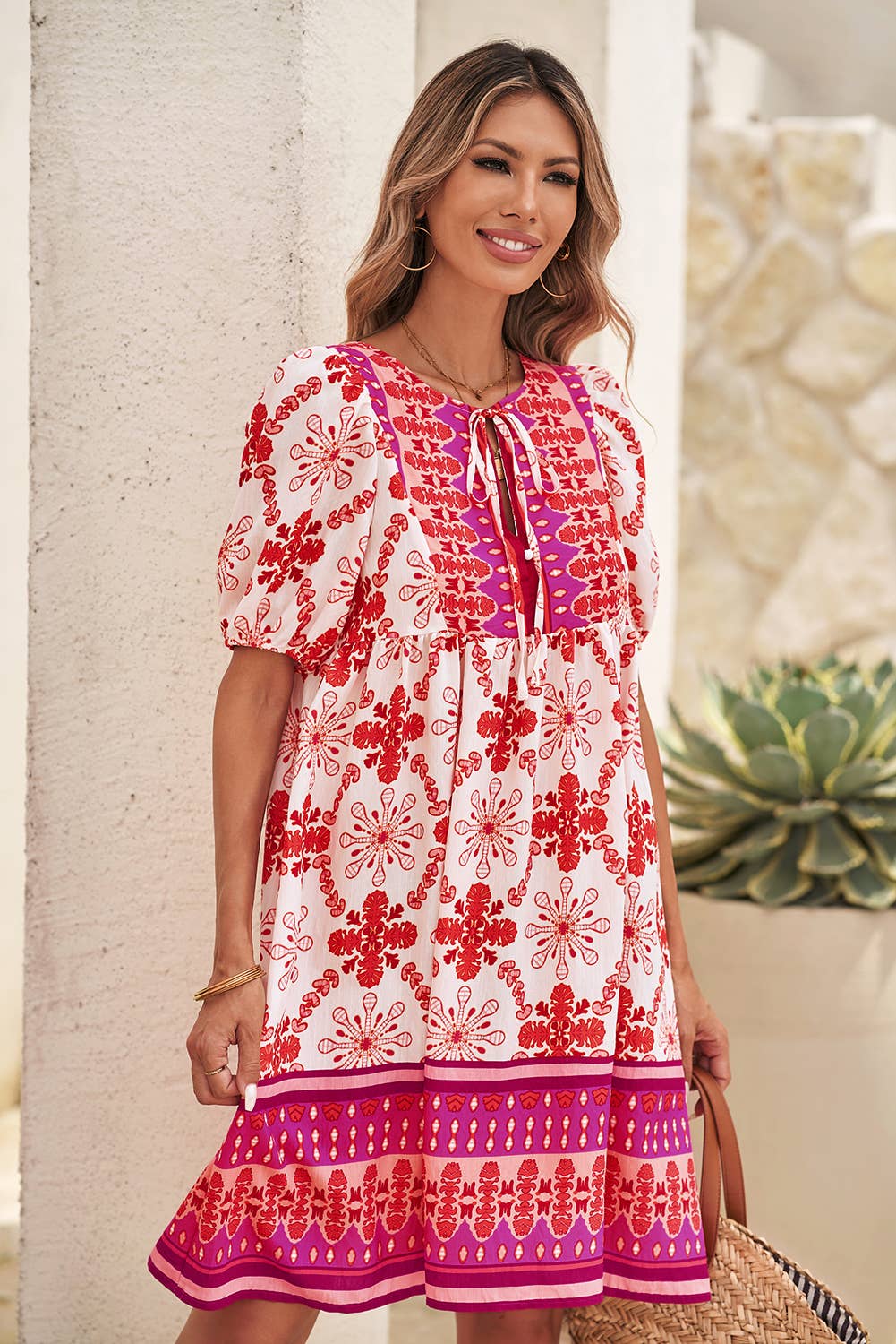 LDC Boho Floral Short Sleeve Lace-up V Neck Mini Dress: Rose / M