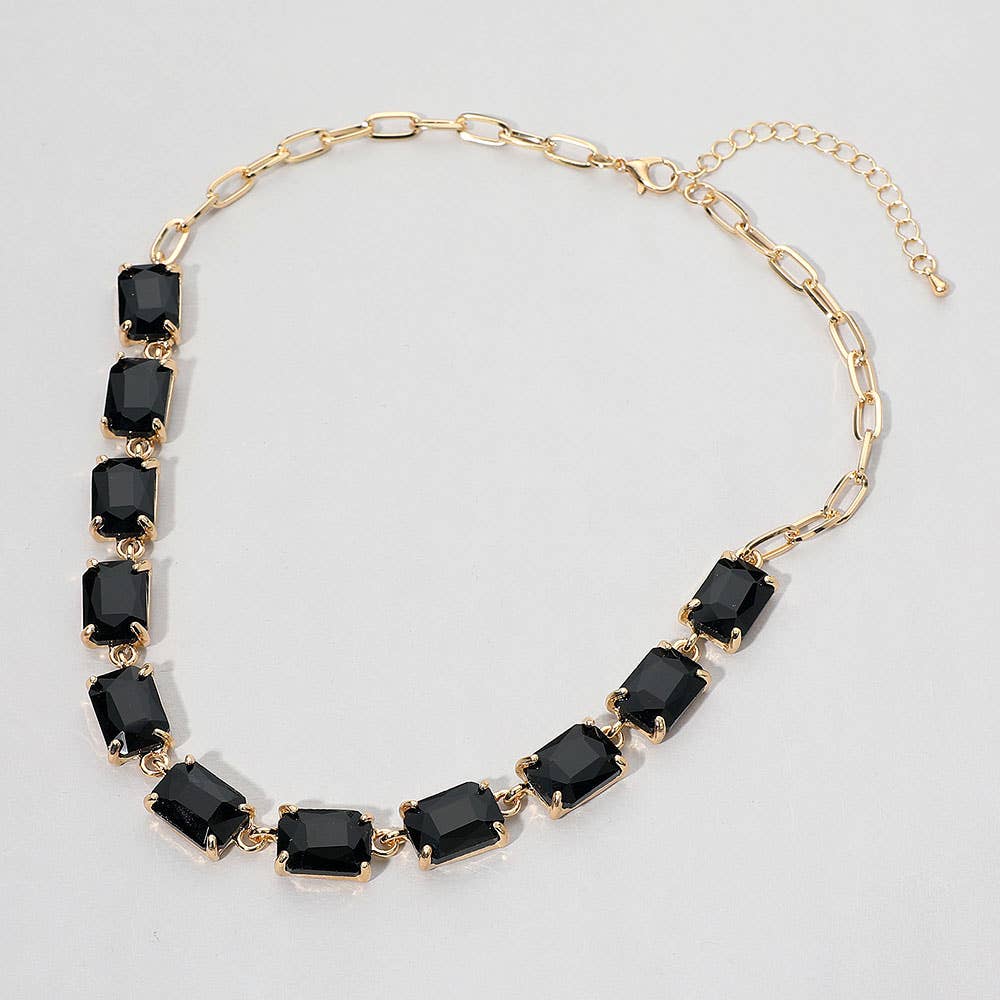 Cushion Rectangular Stone Cluster Link Evening Necklace: AB,Gold