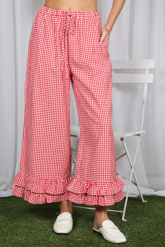 Gingham Ruffled Hem Cropped Pants-Red