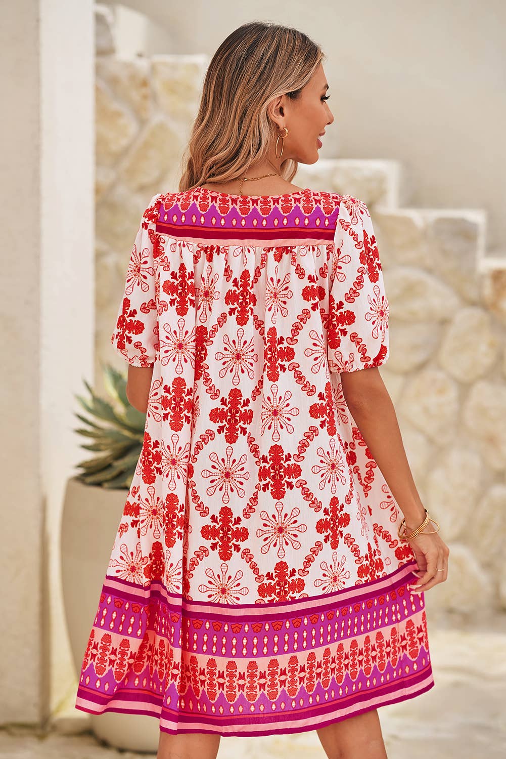 LDC Boho Floral Short Sleeve Lace-up V Neck Mini Dress: Rose / L