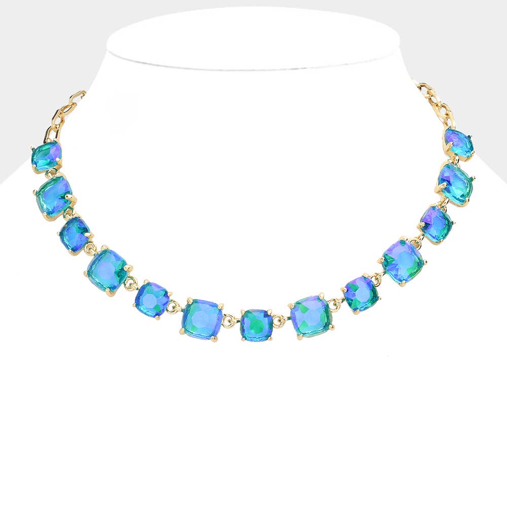 Cushion Square Stone Link Evening Necklace: AB,Pink