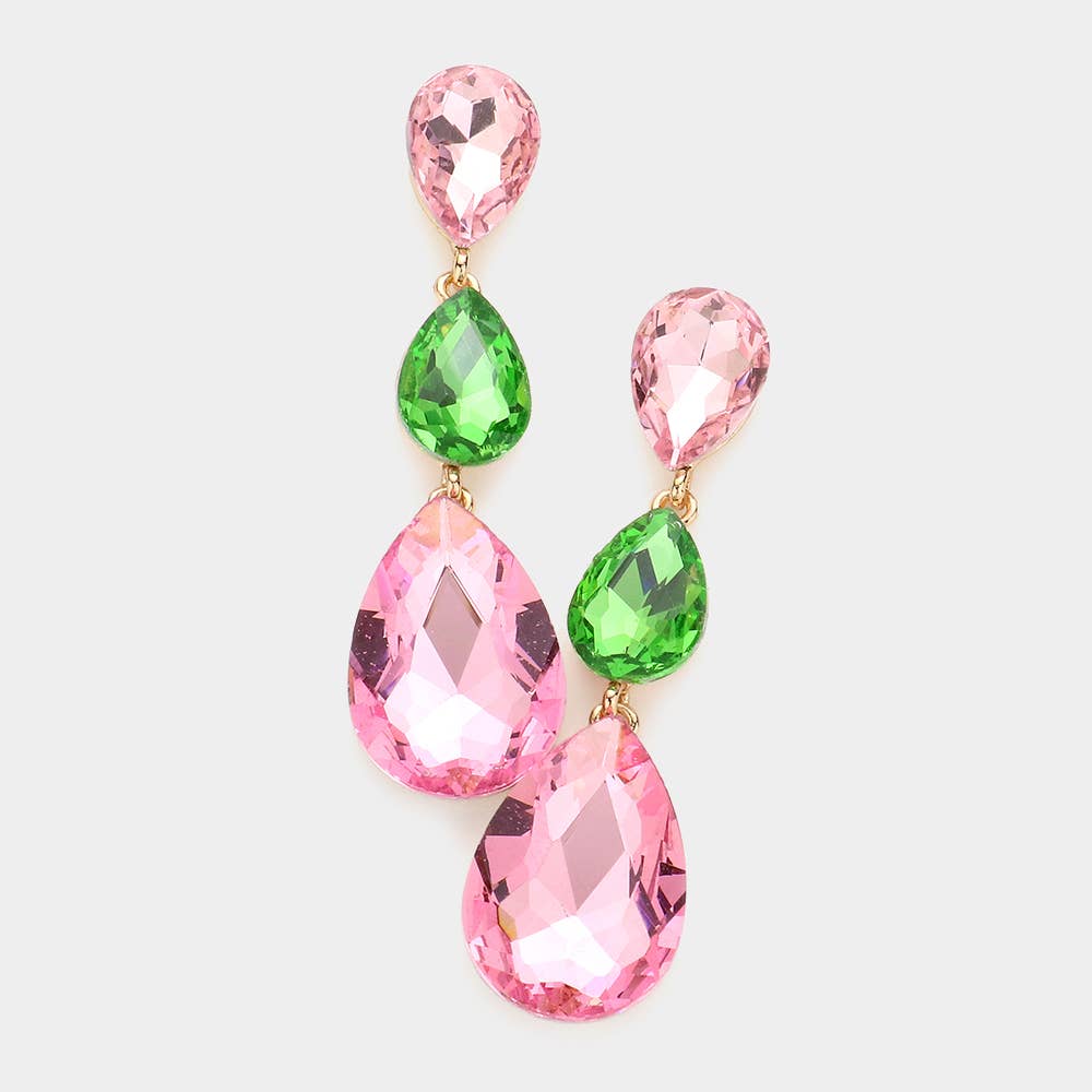 Triple Glass Crystal Teardrop Evening Earrings: Pink